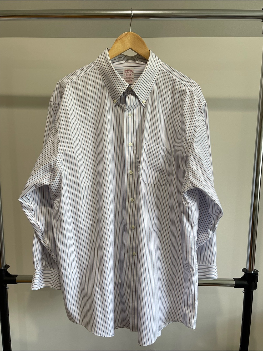 Brooks Brothers White Shirt with Light Blue Pinstripes Button-Down - 17 1/2-33.